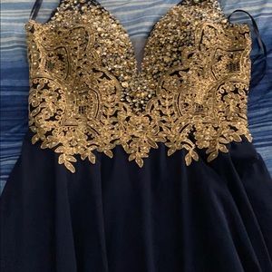 Long navy blue/gold prom dress. Size medium